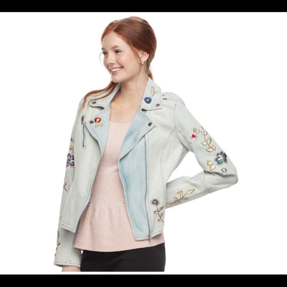 Juniors' Candie's® Embroidered Jean Moto Jacket